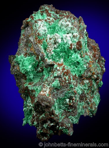 Brochantite on Hematite from Lavender Pit, Bisbee, Cochise County, Arizona.