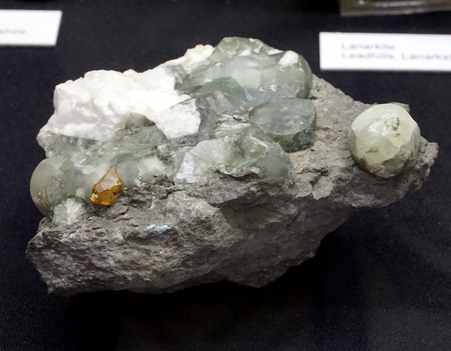 Greenockite on Prehnite and Natrolite from Bishopton Tunnel, Bishopton, Renfrewshire, Scotland