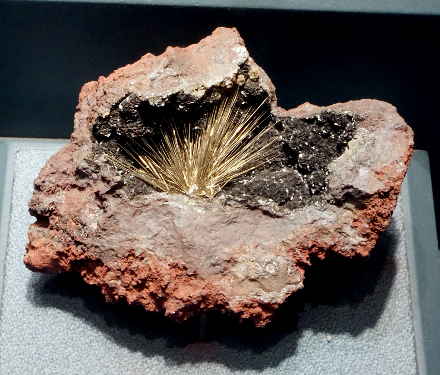 Millerite with Hematite from Sterling Mine, Antwerp, New York